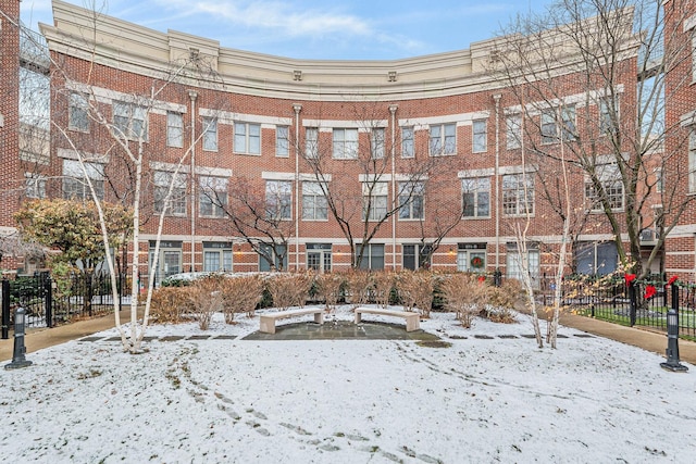 view of snow covered building