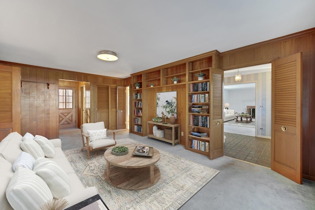 interior space with a fireplace and wooden walls