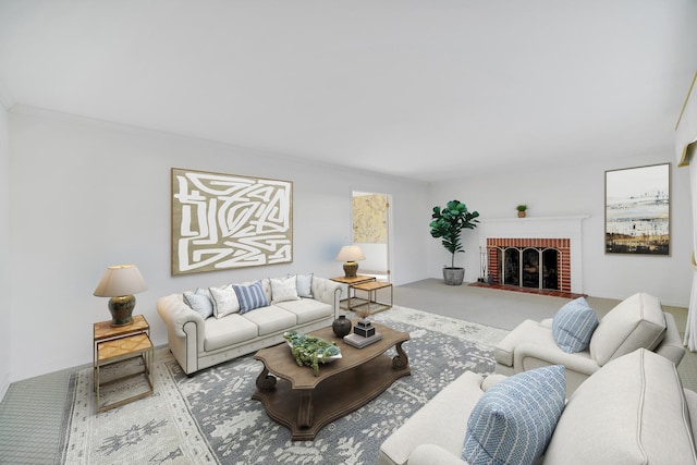 carpeted living room featuring ornamental molding and a fireplace