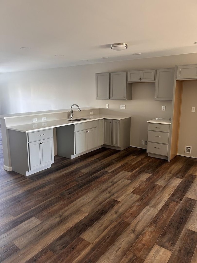 kitchen with gray cabinets, sink, and dark hardwood / wood-style flooring