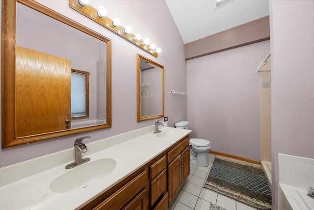 full bathroom featuring plus walk in shower, tile patterned flooring, vaulted ceiling, toilet, and vanity