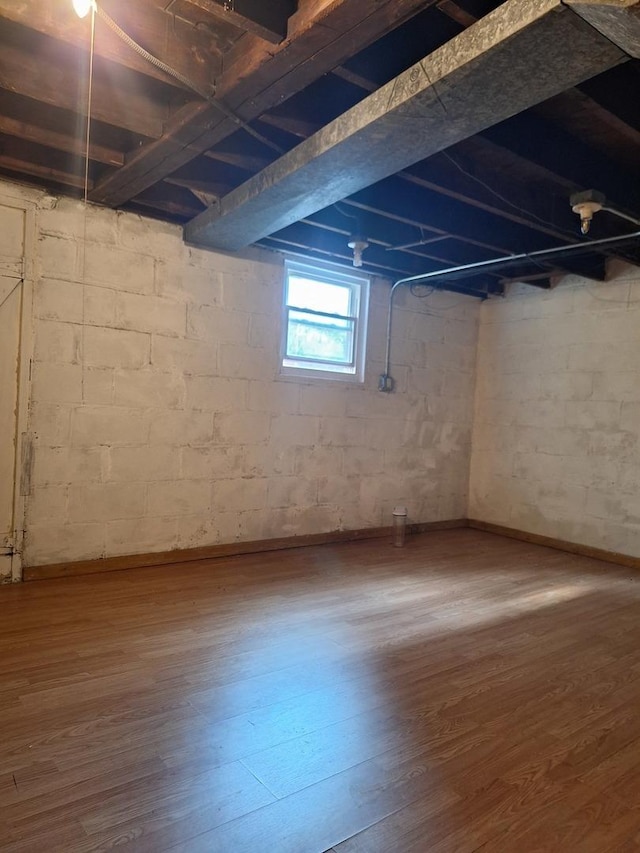 basement with hardwood / wood-style flooring