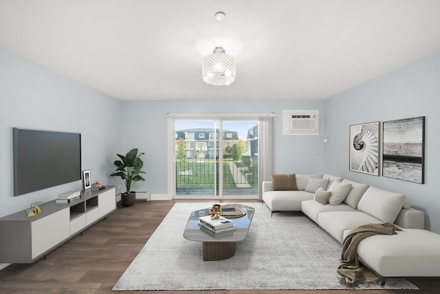 living room featuring a wall mounted AC, dark wood-type flooring, a baseboard heating unit, and a notable chandelier