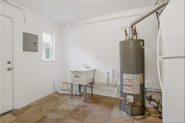 utilities with gas water heater, sink, and electric panel