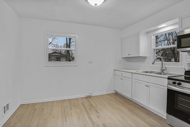 kitchen with sink, plenty of natural light, white cabinets, and appliances with stainless steel finishes