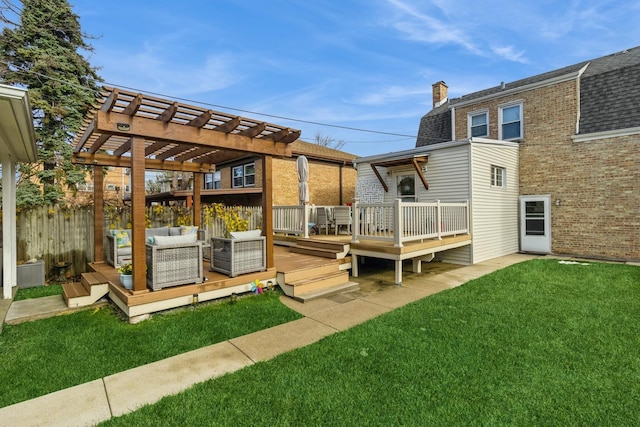 rear view of property with an outdoor living space, a pergola, a yard, and a wooden deck