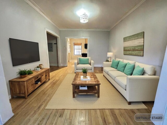 living room with hardwood / wood-style floors and ornamental molding