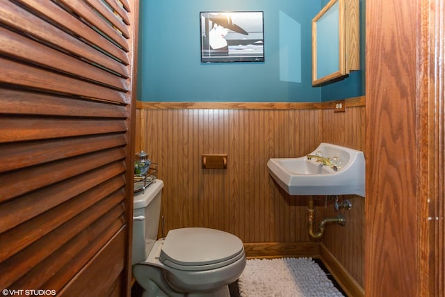 bathroom with toilet, wooden walls, and sink