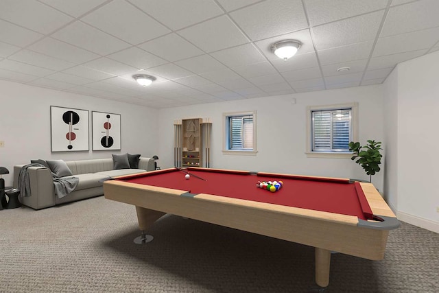 game room with a paneled ceiling, carpet floors, and pool table