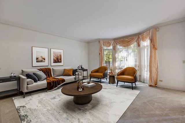 living room featuring light carpet and ornamental molding