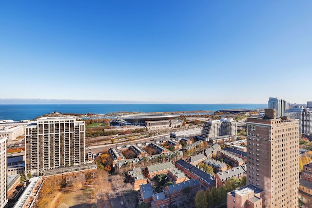 drone / aerial view with a water view