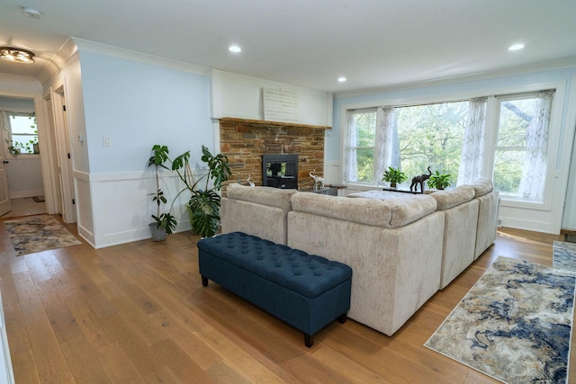 820 Exmoor Rd, Olympia Fields, IL 60461 - living area featuring crown molding, light wood-type flooring, a stone fireplace, wainscoting, and recessed lighting