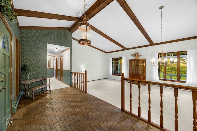 interior space featuring vaulted ceiling with beams, dark parquet floors, and an inviting chandelier