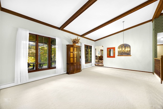 unfurnished living room featuring carpet flooring, lofted ceiling with beams, and a chandelier