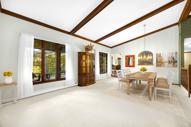 dining room featuring carpet flooring, a chandelier, and lofted ceiling with beams