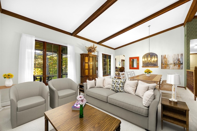 living room with vaulted ceiling with beams, light carpet, and an inviting chandelier