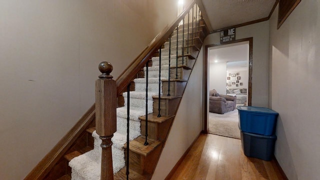 stairs with hardwood / wood-style floors and ornamental molding