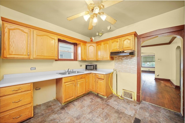 kitchen with ceiling fan, tasteful backsplash, sink, and light hardwood / wood-style flooring