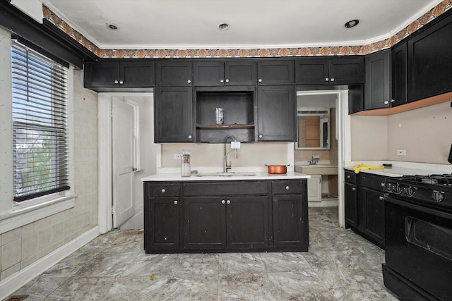 kitchen featuring crown molding, sink, and black range with gas cooktop