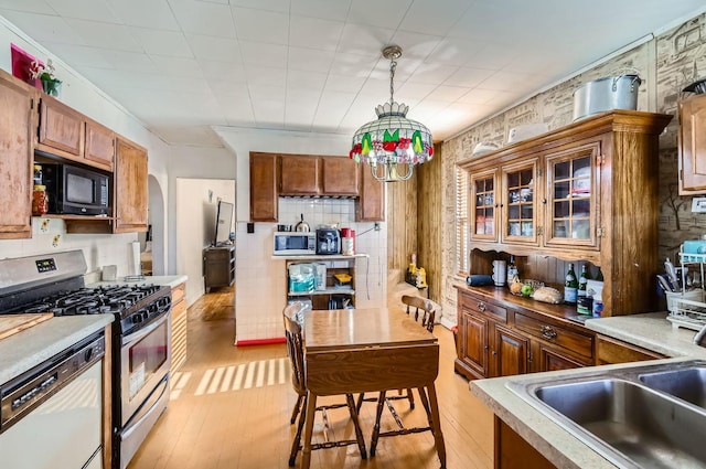 kitchen with sink, hanging light fixtures, appliances with stainless steel finishes, and light hardwood / wood-style flooring