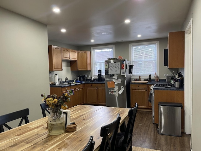 kitchen featuring dark hardwood / wood-style flooring, stainless steel appliances, and sink