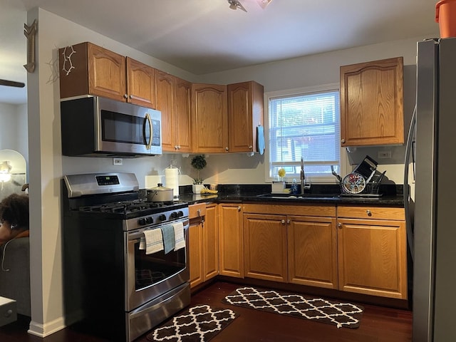 kitchen with appliances with stainless steel finishes, dark hardwood / wood-style flooring, and sink