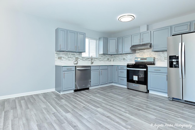 kitchen featuring gray cabinetry, sink, decorative backsplash, light hardwood / wood-style floors, and stainless steel appliances