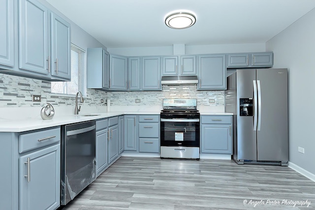 kitchen with light wood-type flooring, backsplash, stainless steel appliances, and sink