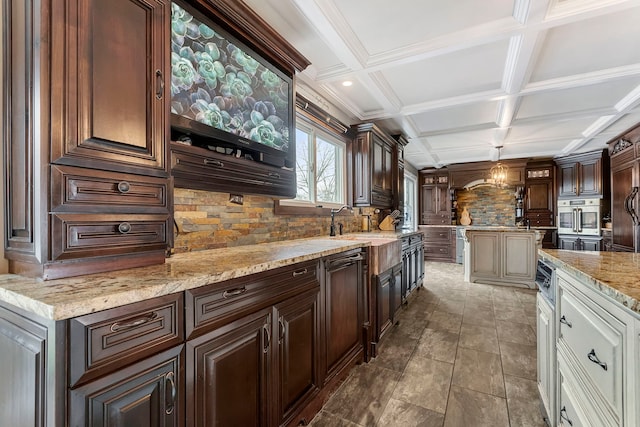 5N259 Wilton Croft Rd, Saint Charles, IL 60175 - kitchen with backsplash, coffered ceiling, dark brown cabinets, light stone countertops, and oven