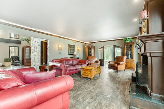 living room with ornamental molding