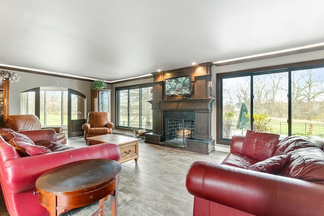 5N259 Wilton Croft Rd, Saint Charles, IL 60175 - living room with ornamental molding, a fireplace, and arched walkways