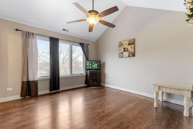 unfurnished living room with dark hardwood / wood-style floors, ceiling fan, and high vaulted ceiling