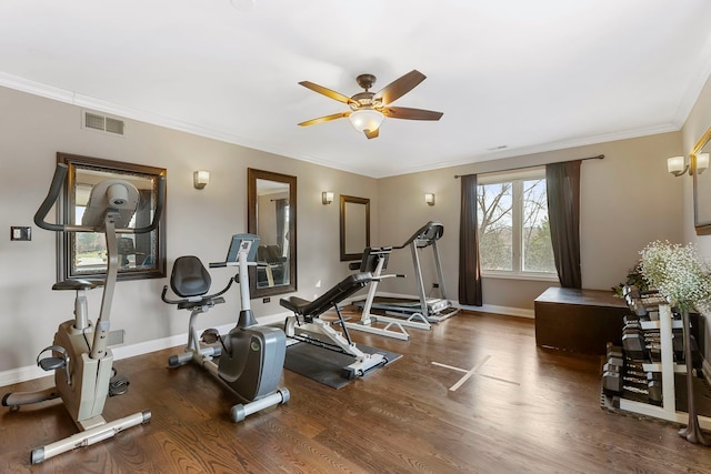 exercise room with ceiling fan, dark wood-type flooring, and ornamental molding