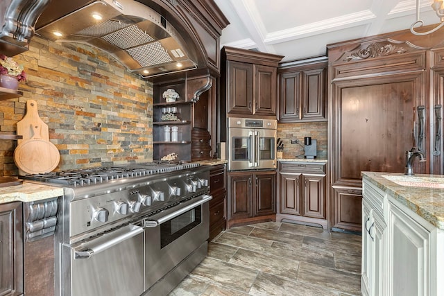 5N259 Wilton Croft Rd, Saint Charles, IL 60175 - kitchen featuring appliances with stainless steel finishes, exhaust hood, a sink, decorative backsplash, and open shelves