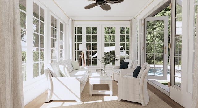 sunroom / solarium featuring ceiling fan