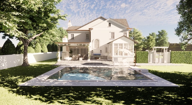 rear view of property with a fenced in pool and a patio