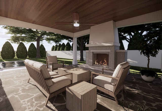 view of patio / terrace with ceiling fan and exterior fireplace