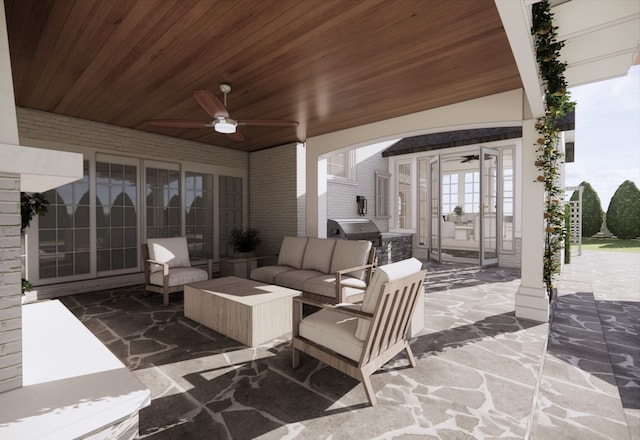 view of patio featuring area for grilling, an outdoor living space, and ceiling fan