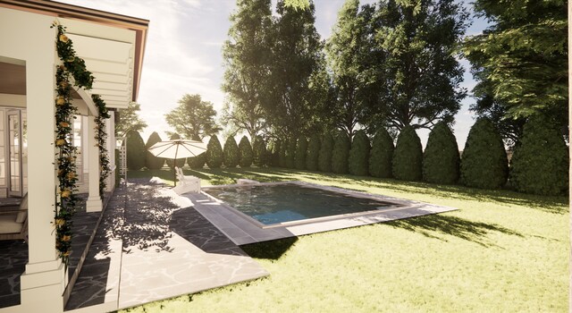 view of pool featuring a lawn and a patio area