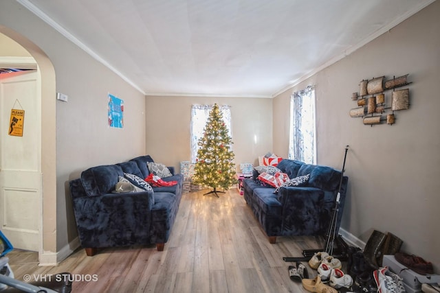 living room with wood-type flooring and crown molding