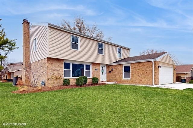 view of front of house with cooling unit, a front yard, and a garage