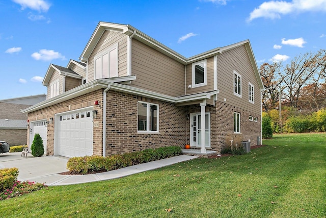 front facade with central AC, a front lawn, and a garage