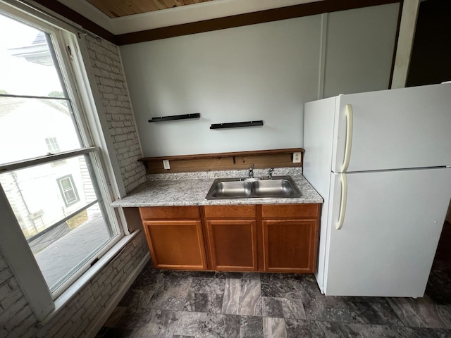 kitchen with plenty of natural light, white fridge, and sink