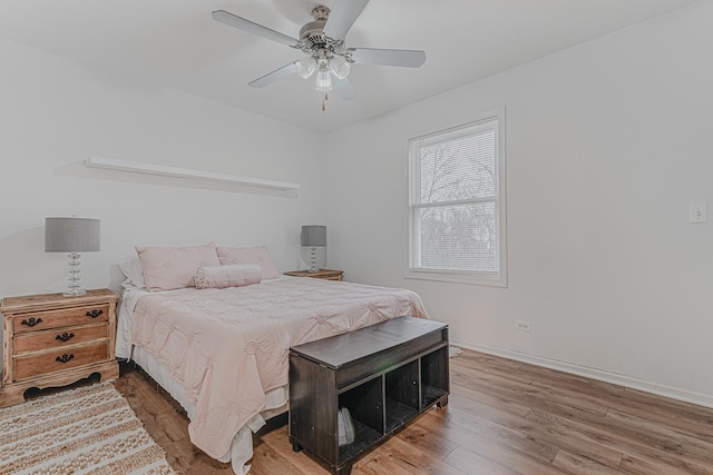 bedroom with hardwood / wood-style floors and ceiling fan