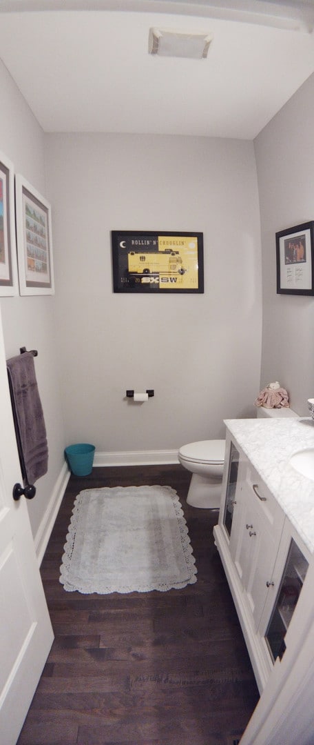 bathroom with hardwood / wood-style flooring, vanity, and toilet