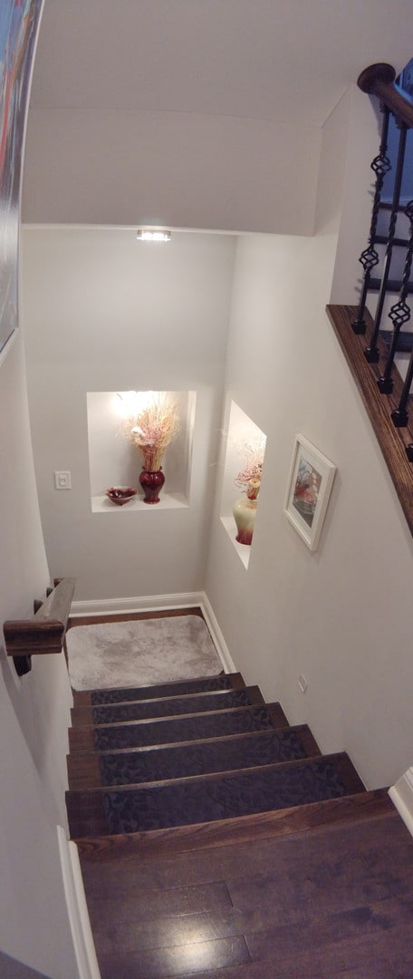 stairway with hardwood / wood-style floors