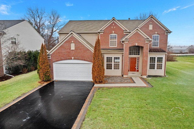 front facade with a garage and a front yard