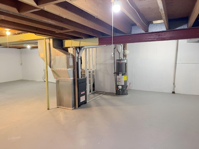 basement with heating unit and water heater