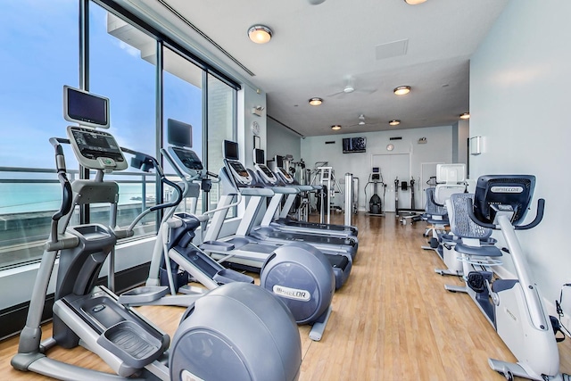 gym with hardwood / wood-style flooring