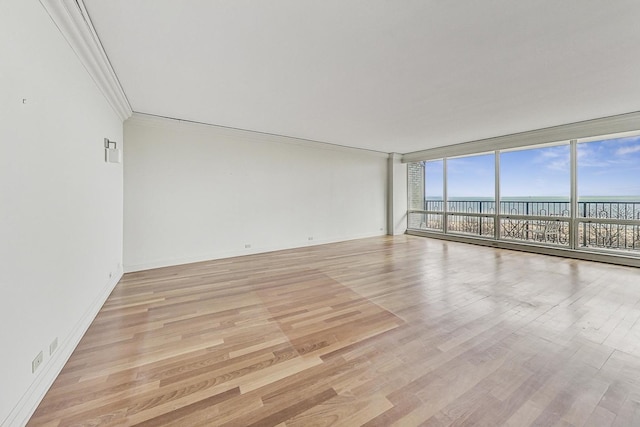 spare room with a water view, light hardwood / wood-style flooring, floor to ceiling windows, and crown molding